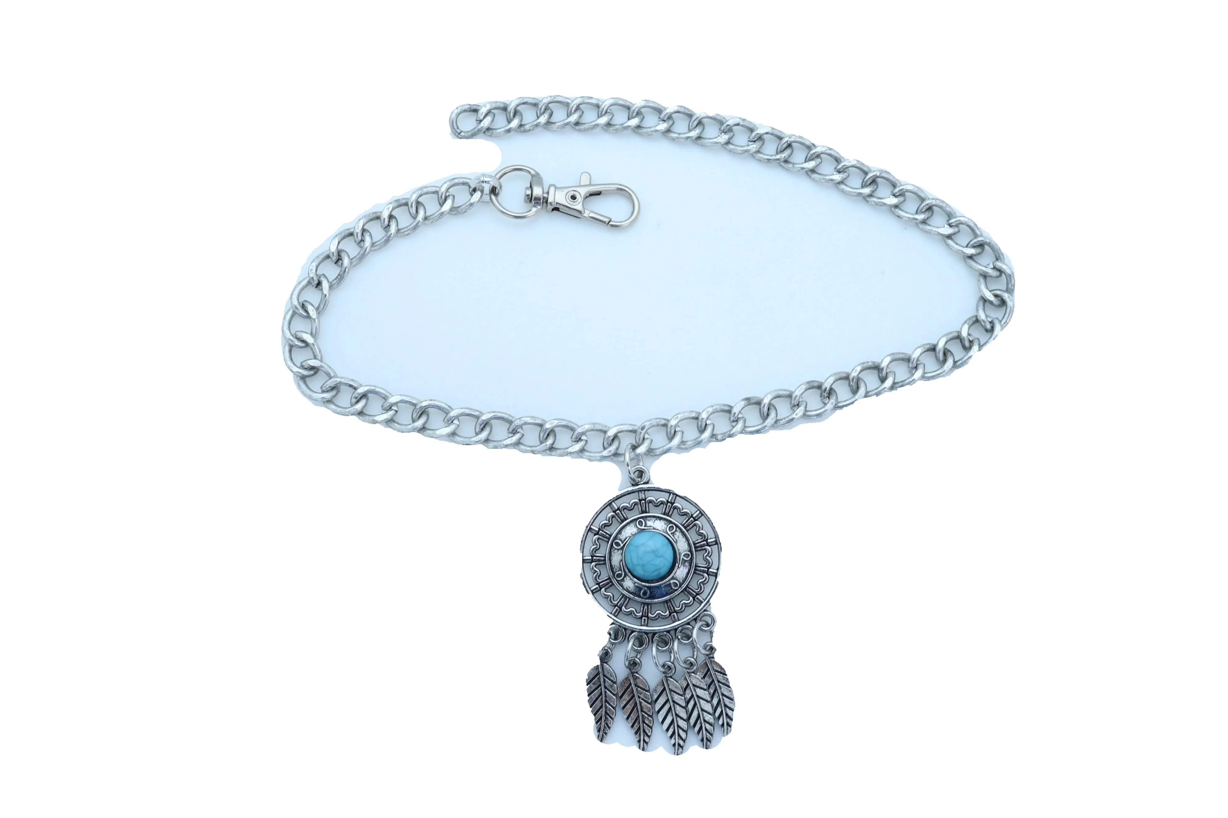 Silver Metal Chain Boot Bracelet Ethnic Shoe Feather Charm Turquoise Blue