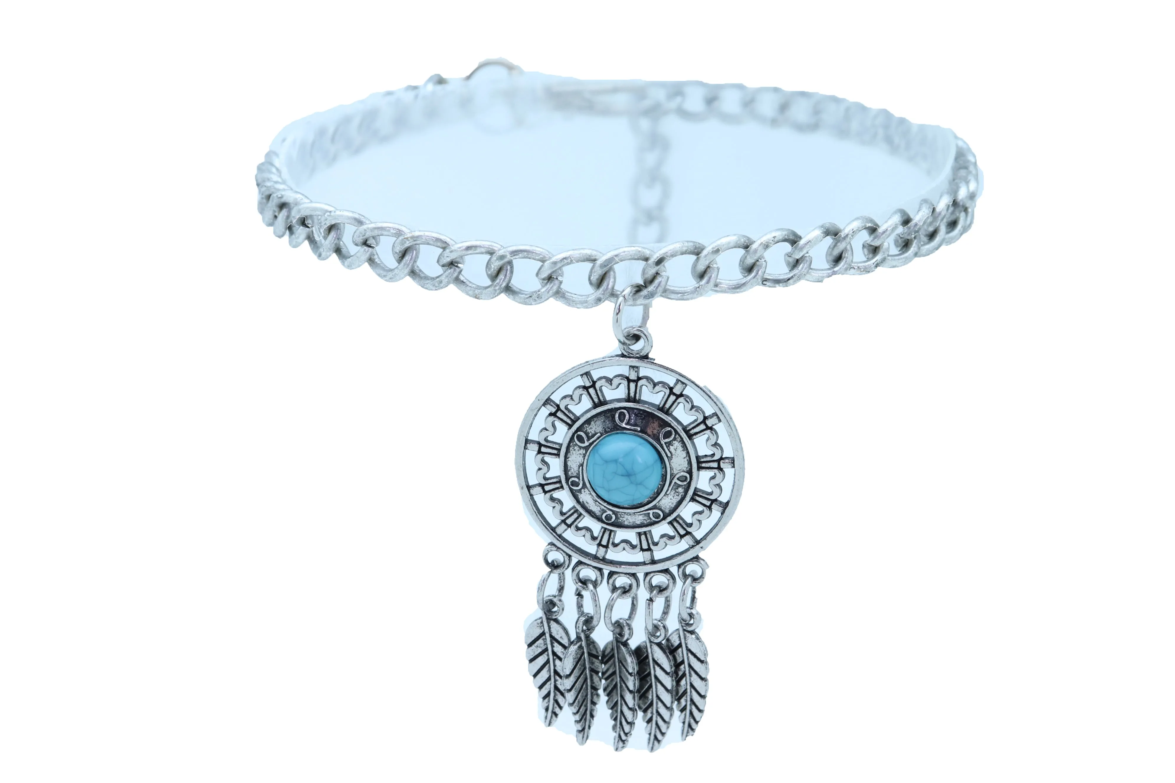Silver Metal Chain Boot Bracelet Ethnic Shoe Feather Charm Turquoise Blue