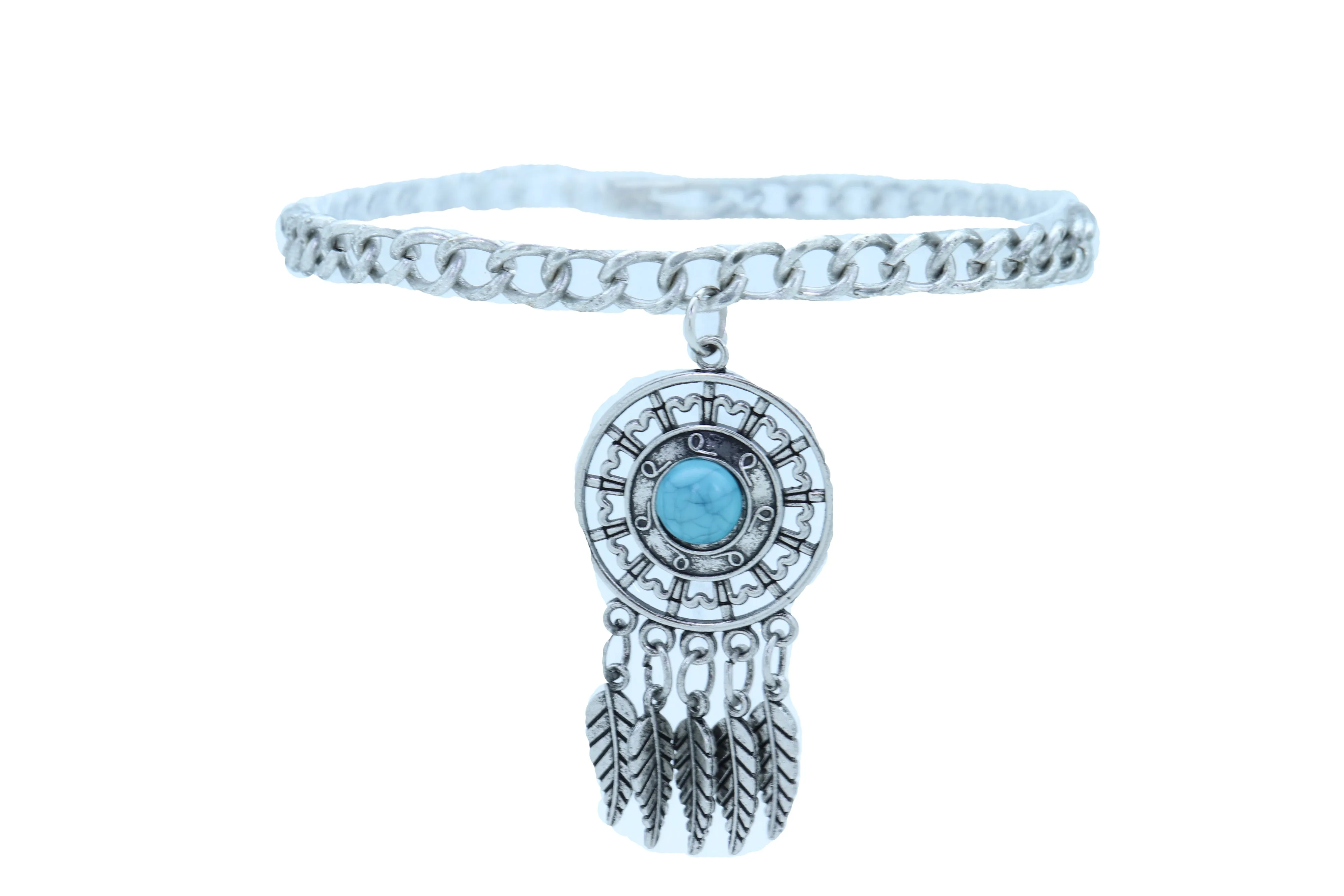 Silver Metal Chain Boot Bracelet Ethnic Shoe Feather Charm Turquoise Blue