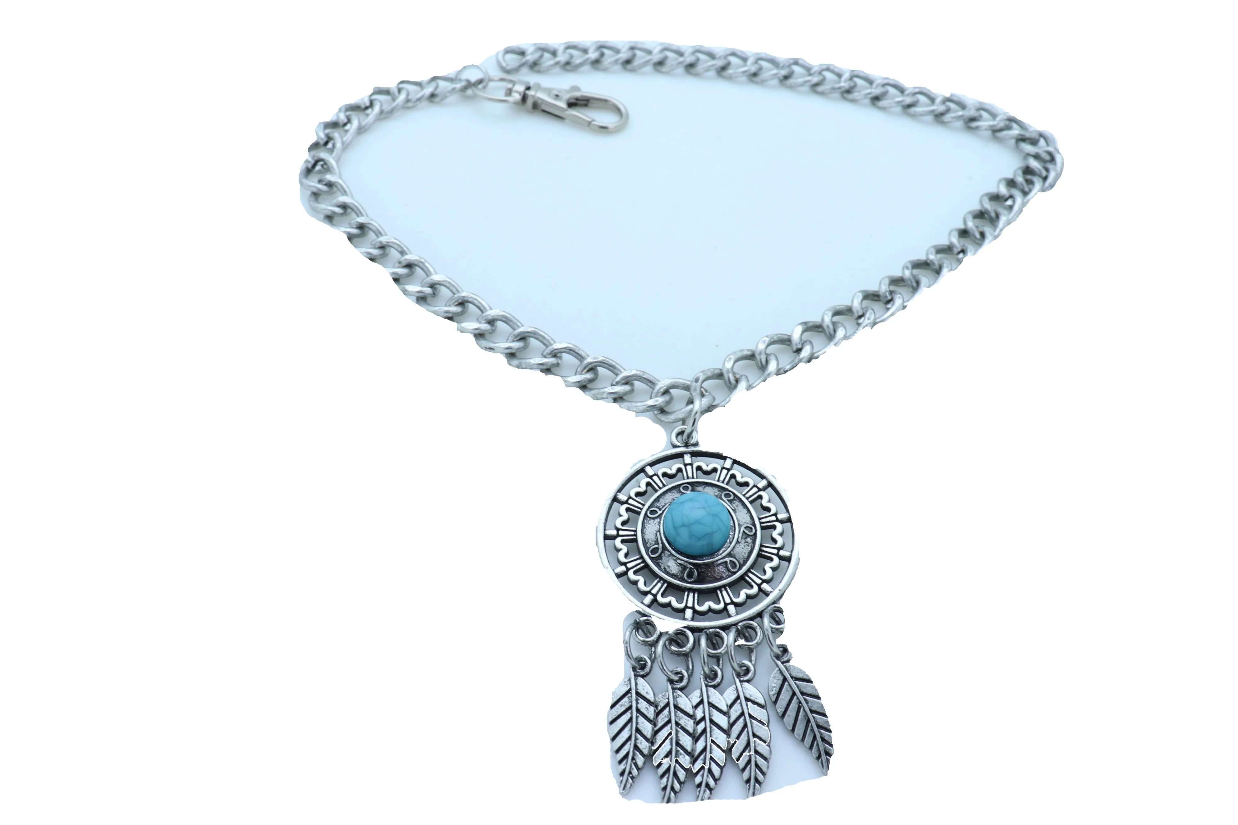 Silver Metal Chain Boot Bracelet Ethnic Shoe Feather Charm Turquoise Blue