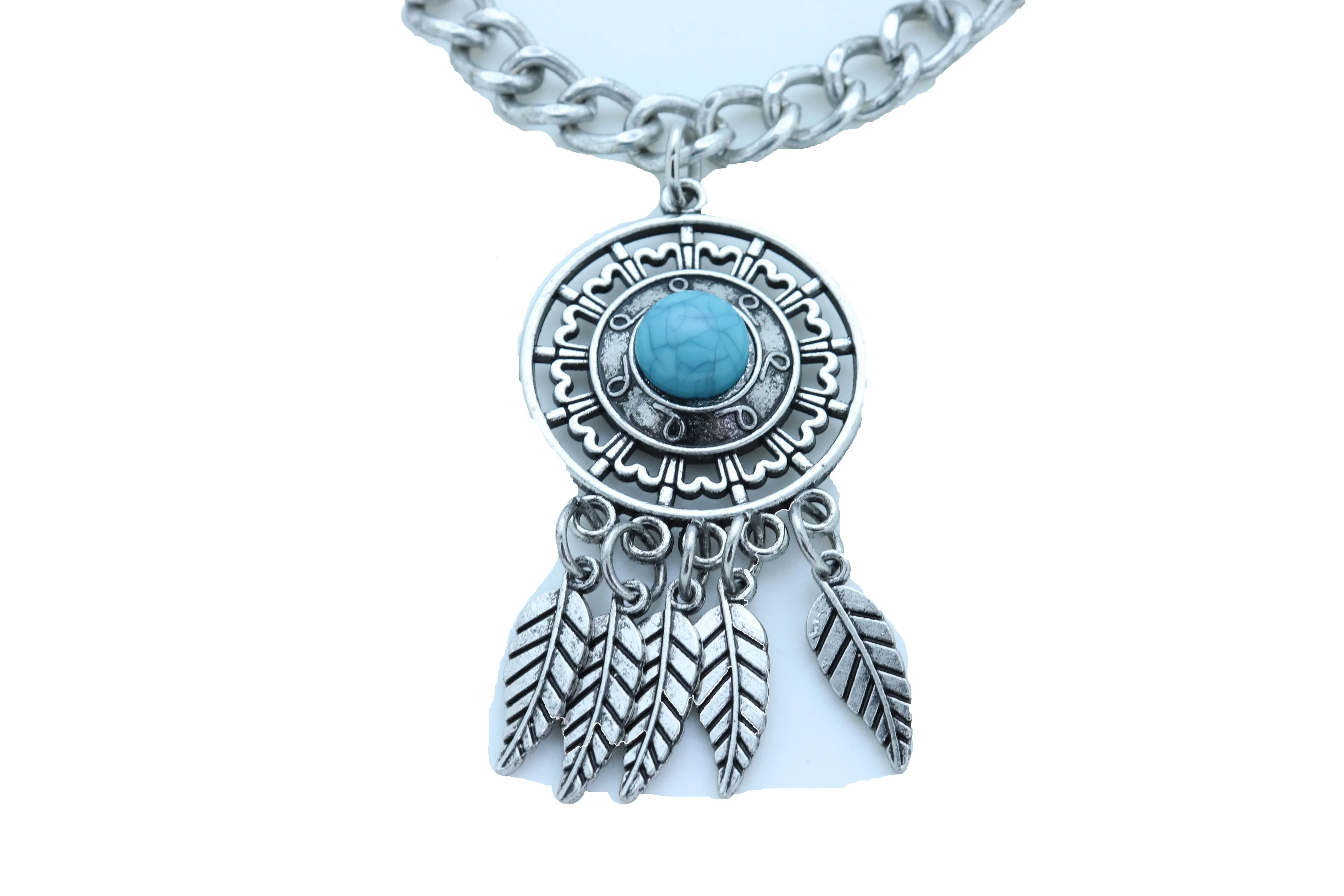 Silver Metal Chain Boot Bracelet Ethnic Shoe Feather Charm Turquoise Blue