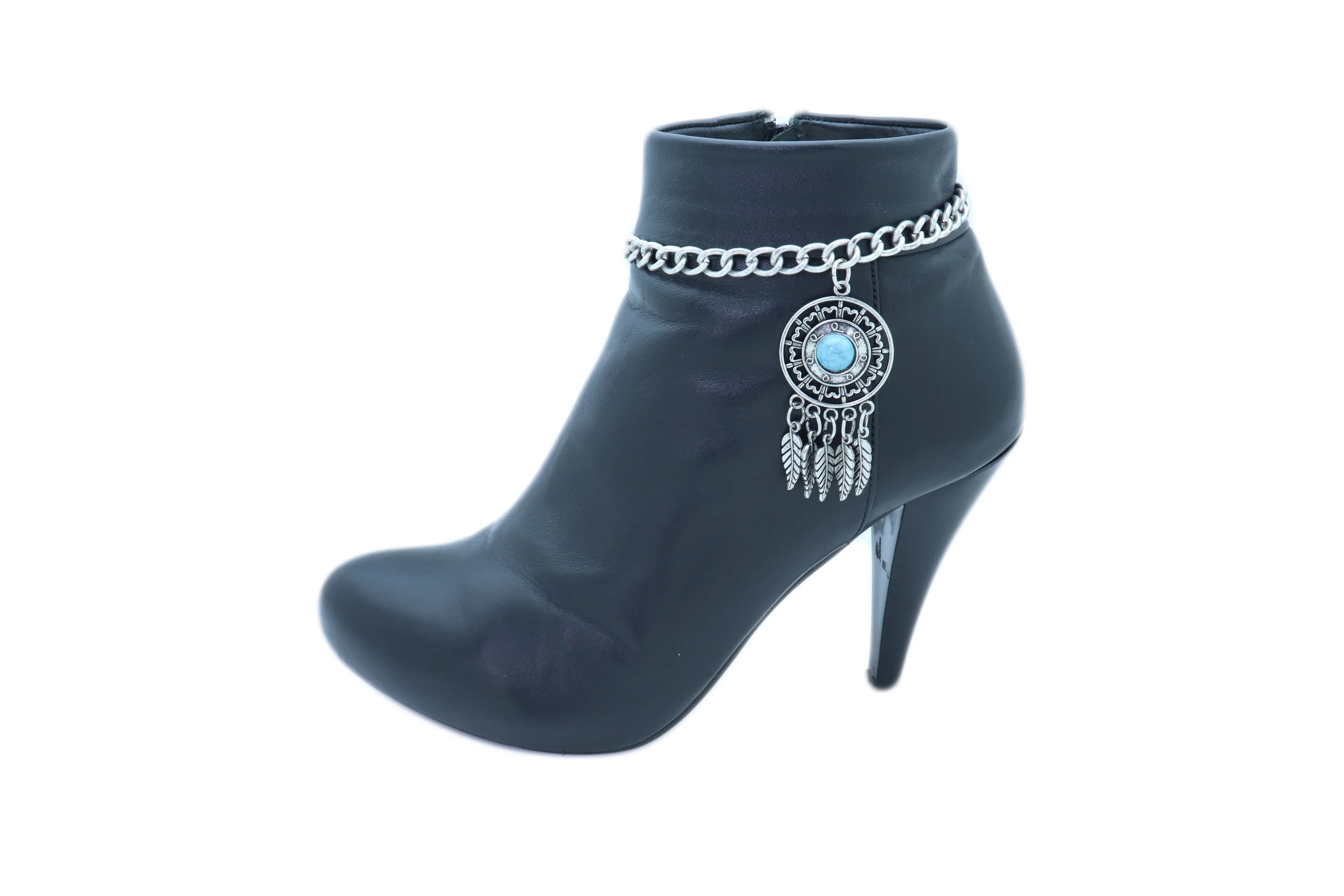 Silver Metal Chain Boot Bracelet Ethnic Shoe Feather Charm Turquoise Blue