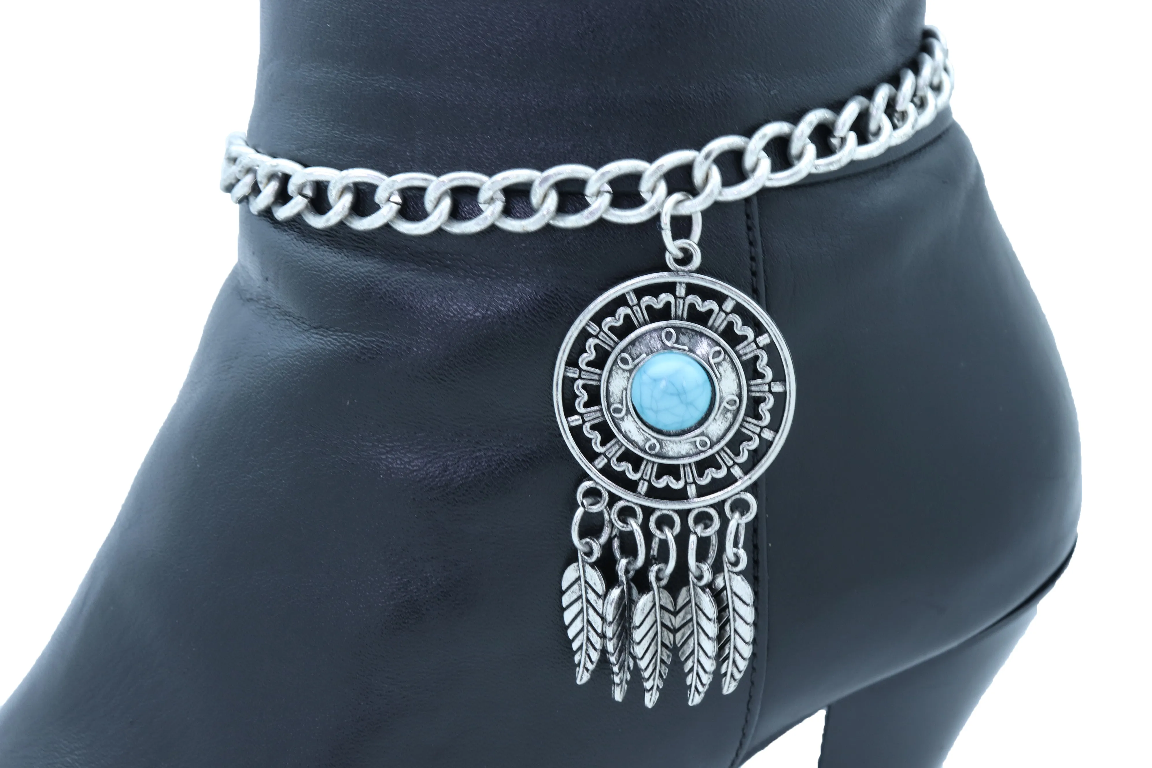 Silver Metal Chain Boot Bracelet Ethnic Shoe Feather Charm Turquoise Blue
