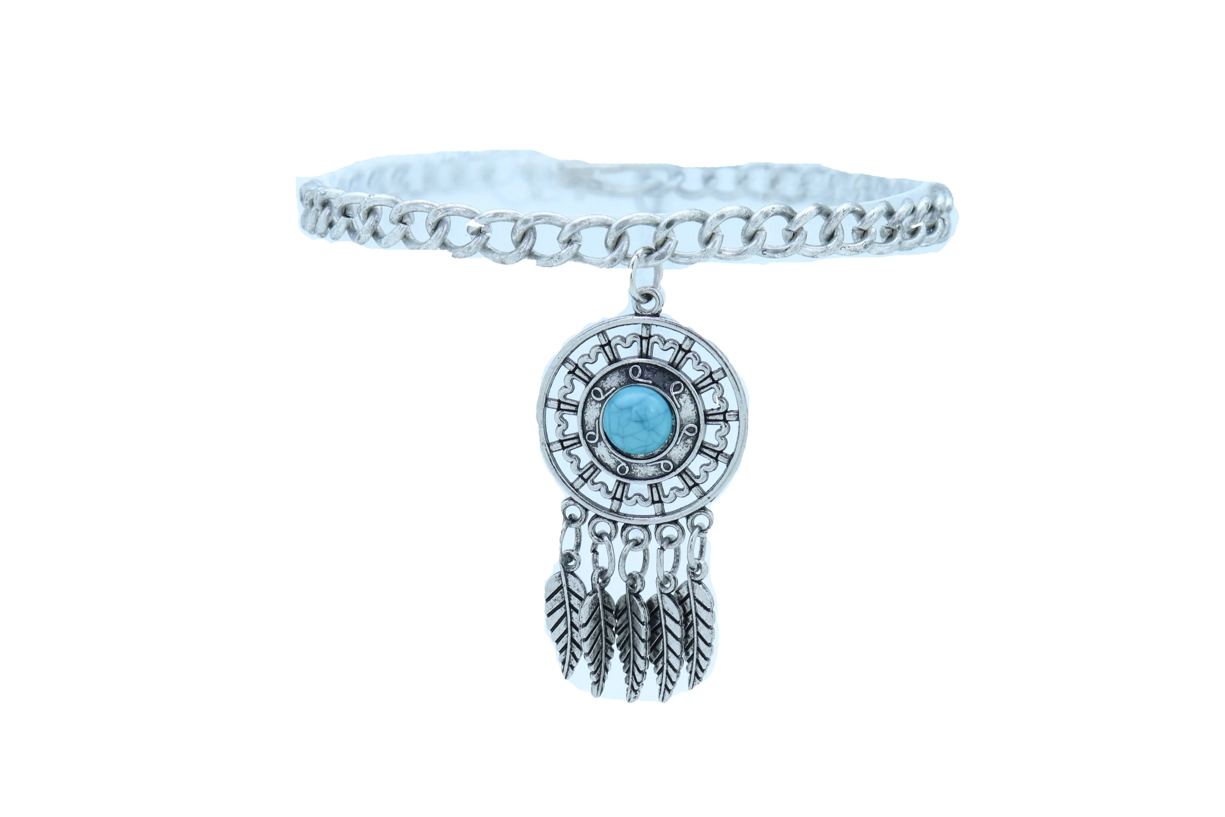 Silver Metal Chain Boot Bracelet Ethnic Shoe Feather Charm Turquoise Blue