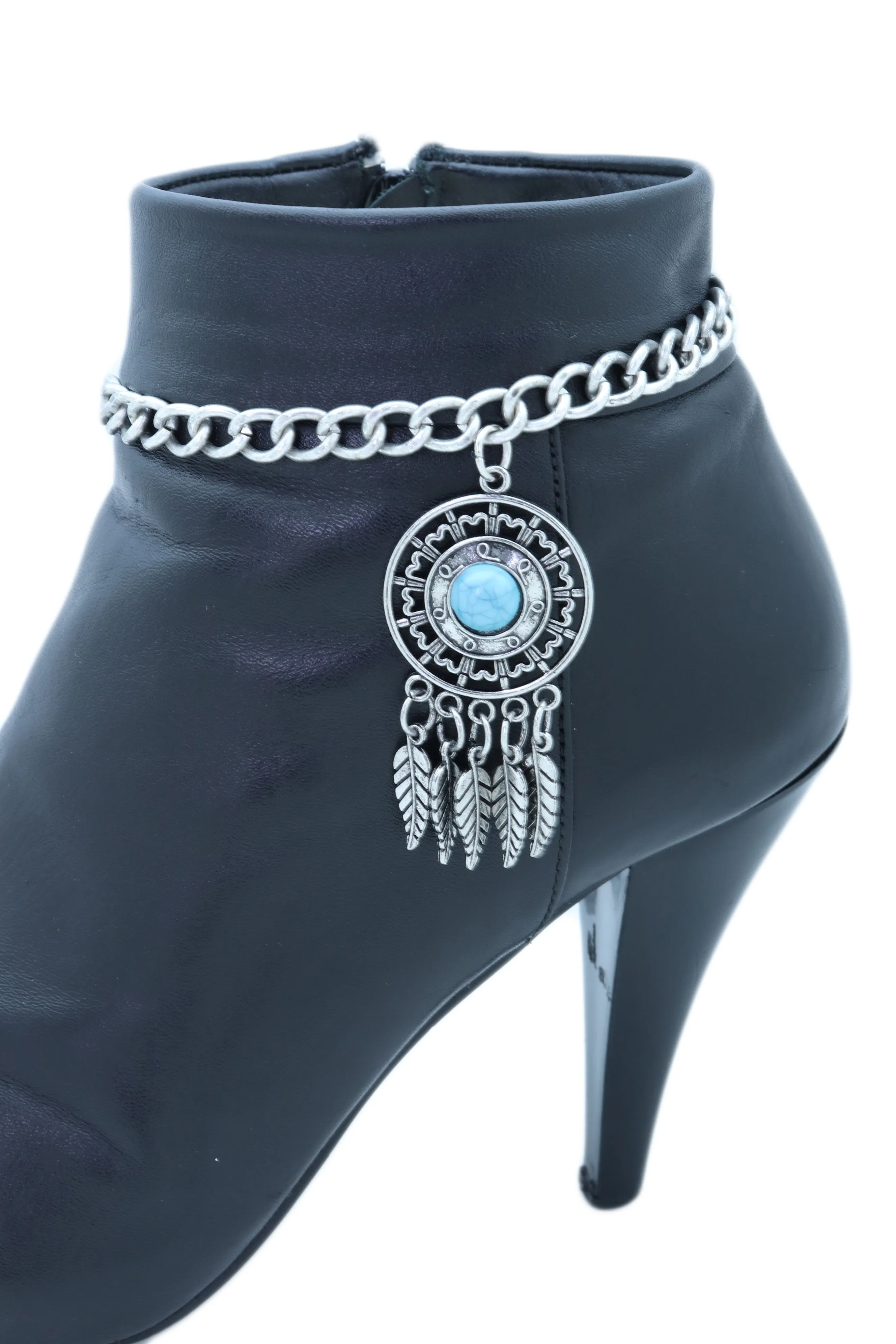 Silver Metal Chain Boot Bracelet Ethnic Shoe Feather Charm Turquoise Blue