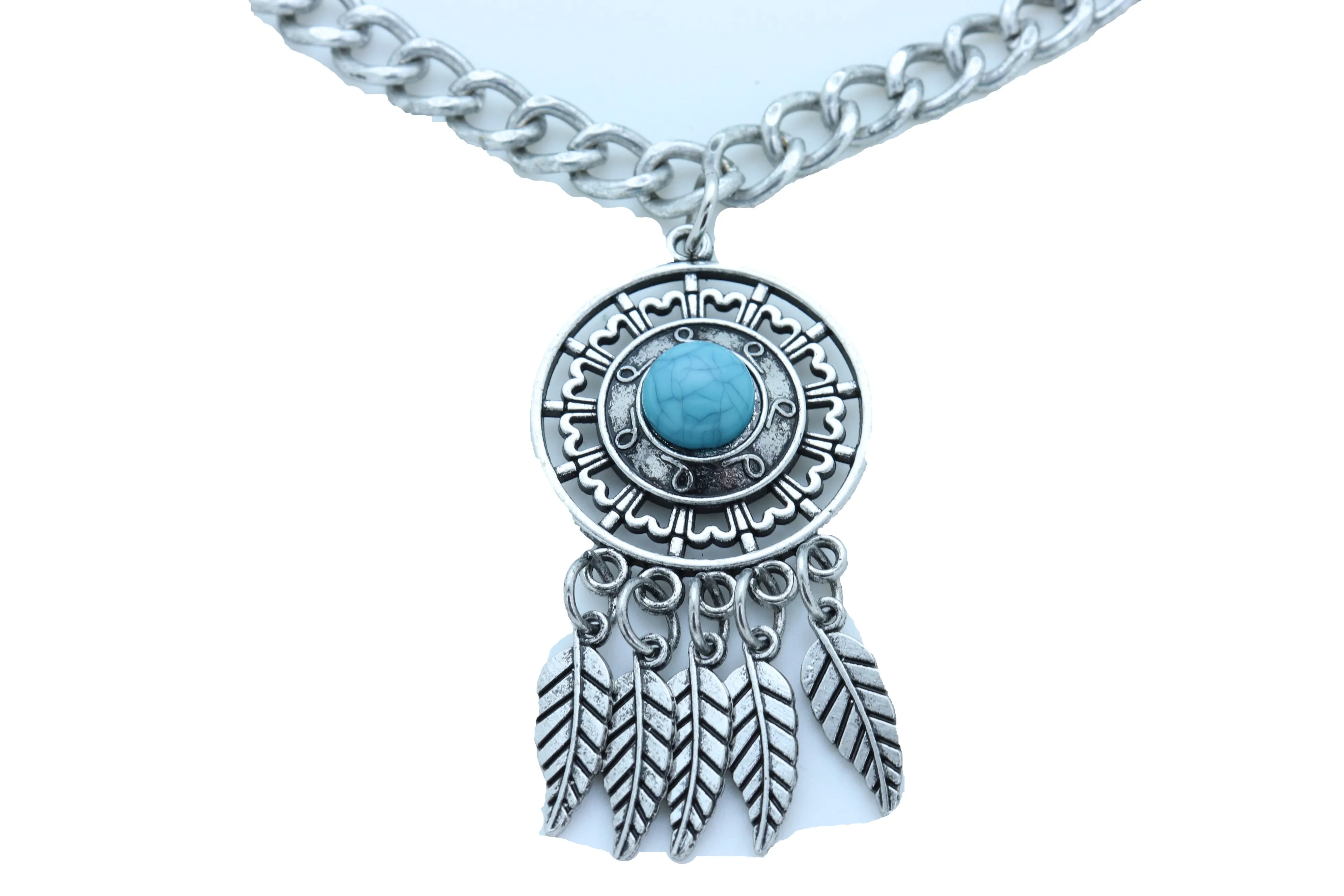 Silver Metal Chain Boot Bracelet Ethnic Shoe Feather Charm Turquoise Blue