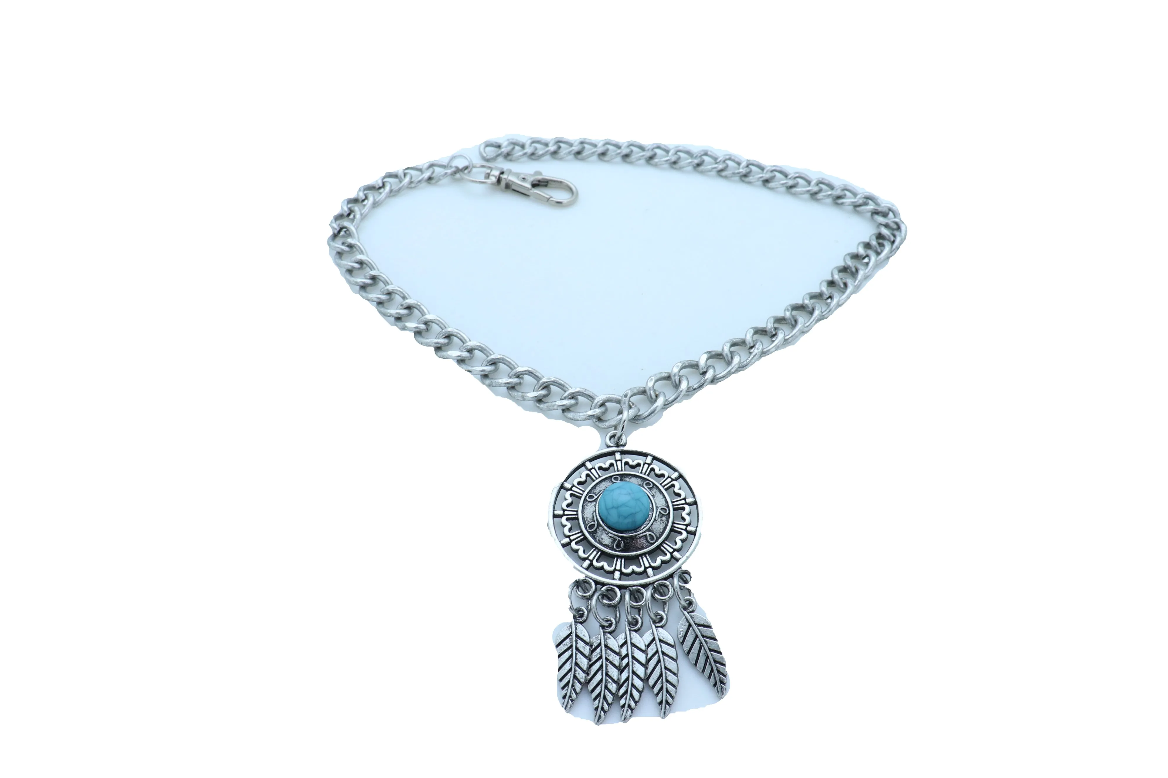 Silver Metal Chain Boot Bracelet Ethnic Shoe Feather Charm Turquoise Blue