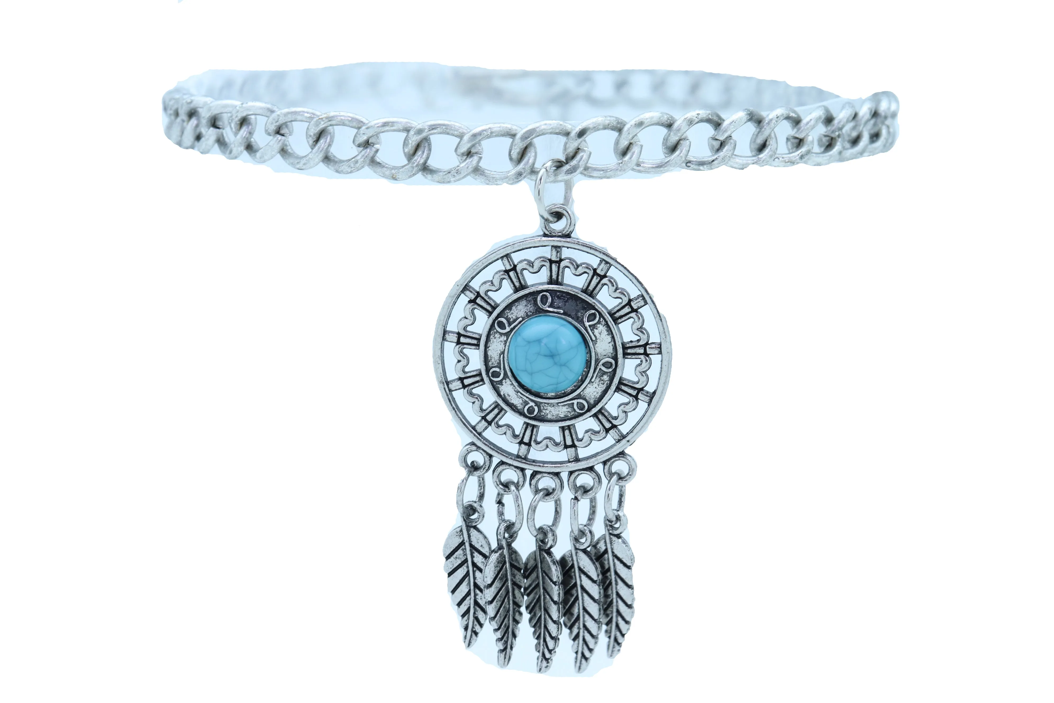Silver Metal Chain Boot Bracelet Ethnic Shoe Feather Charm Turquoise Blue