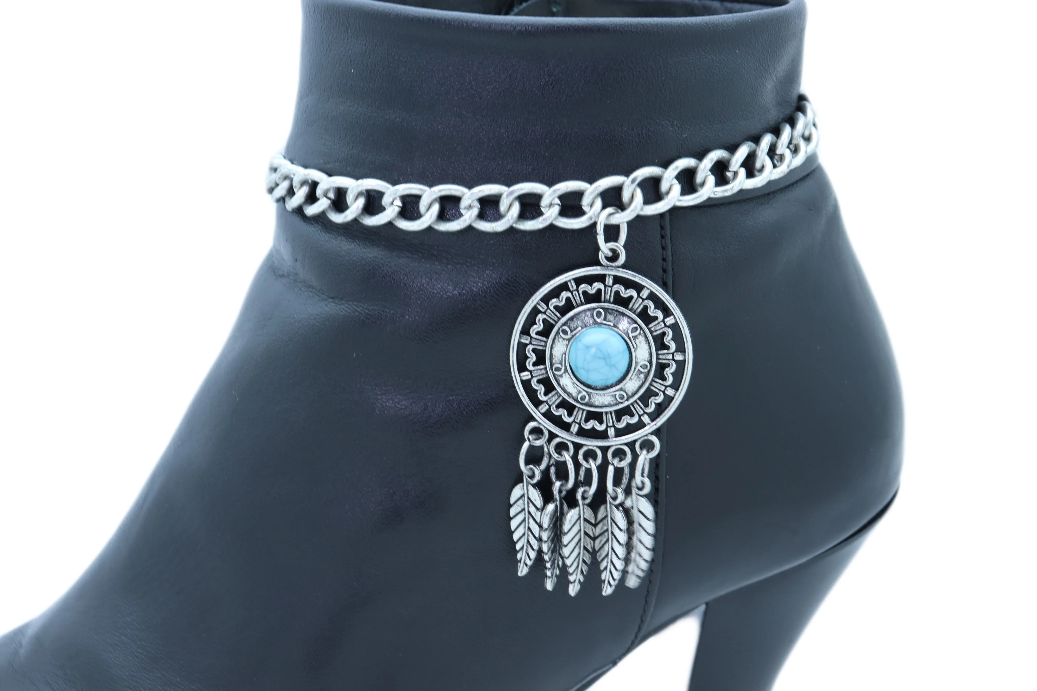 Silver Metal Chain Boot Bracelet Ethnic Shoe Feather Charm Turquoise Blue