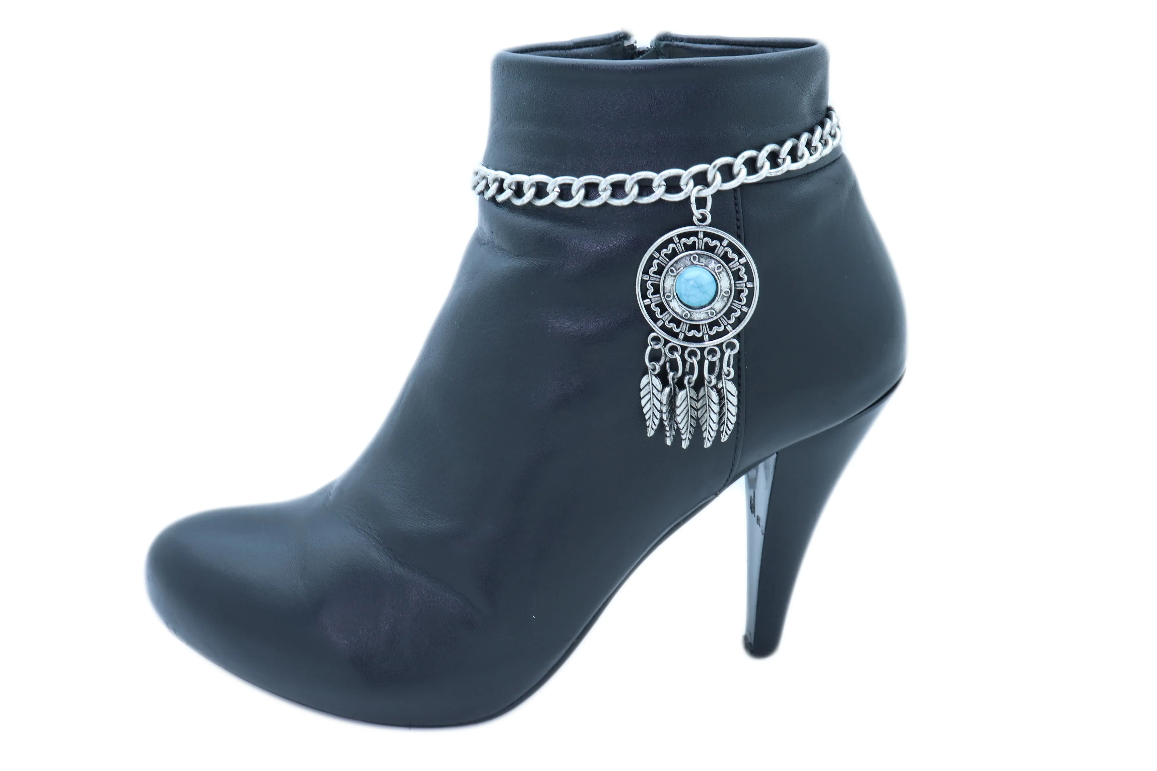 Silver Metal Chain Boot Bracelet Ethnic Shoe Feather Charm Turquoise Blue