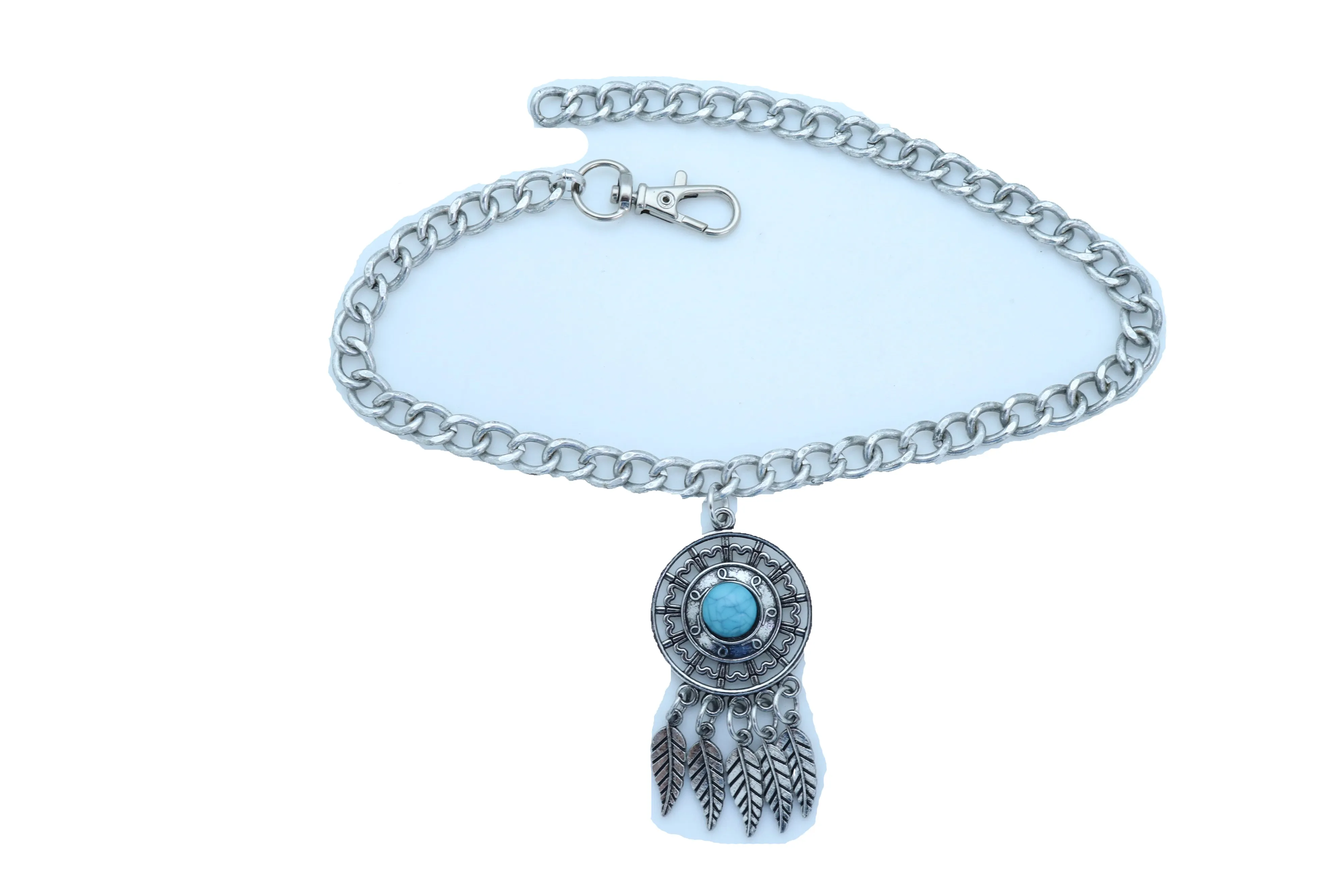 Silver Metal Chain Boot Bracelet Ethnic Shoe Feather Charm Turquoise Blue