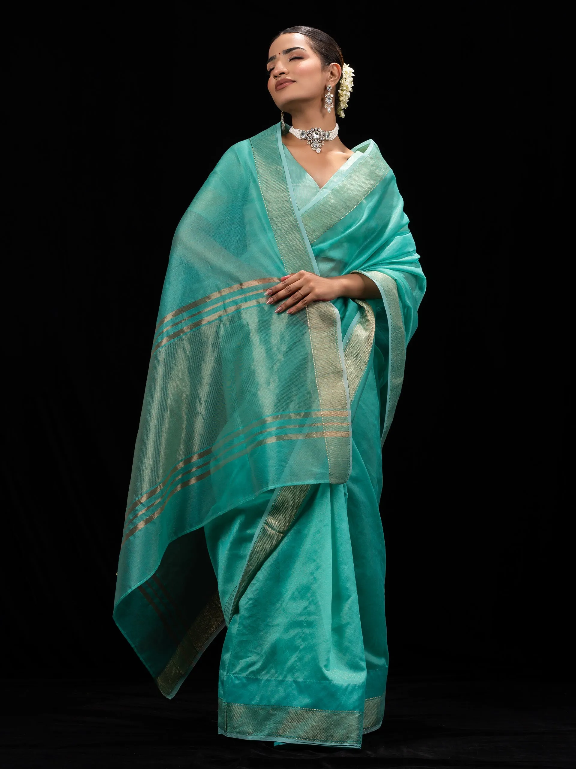 Sky Gold Metallic Soft Fabric Saree with Blouse Fabric