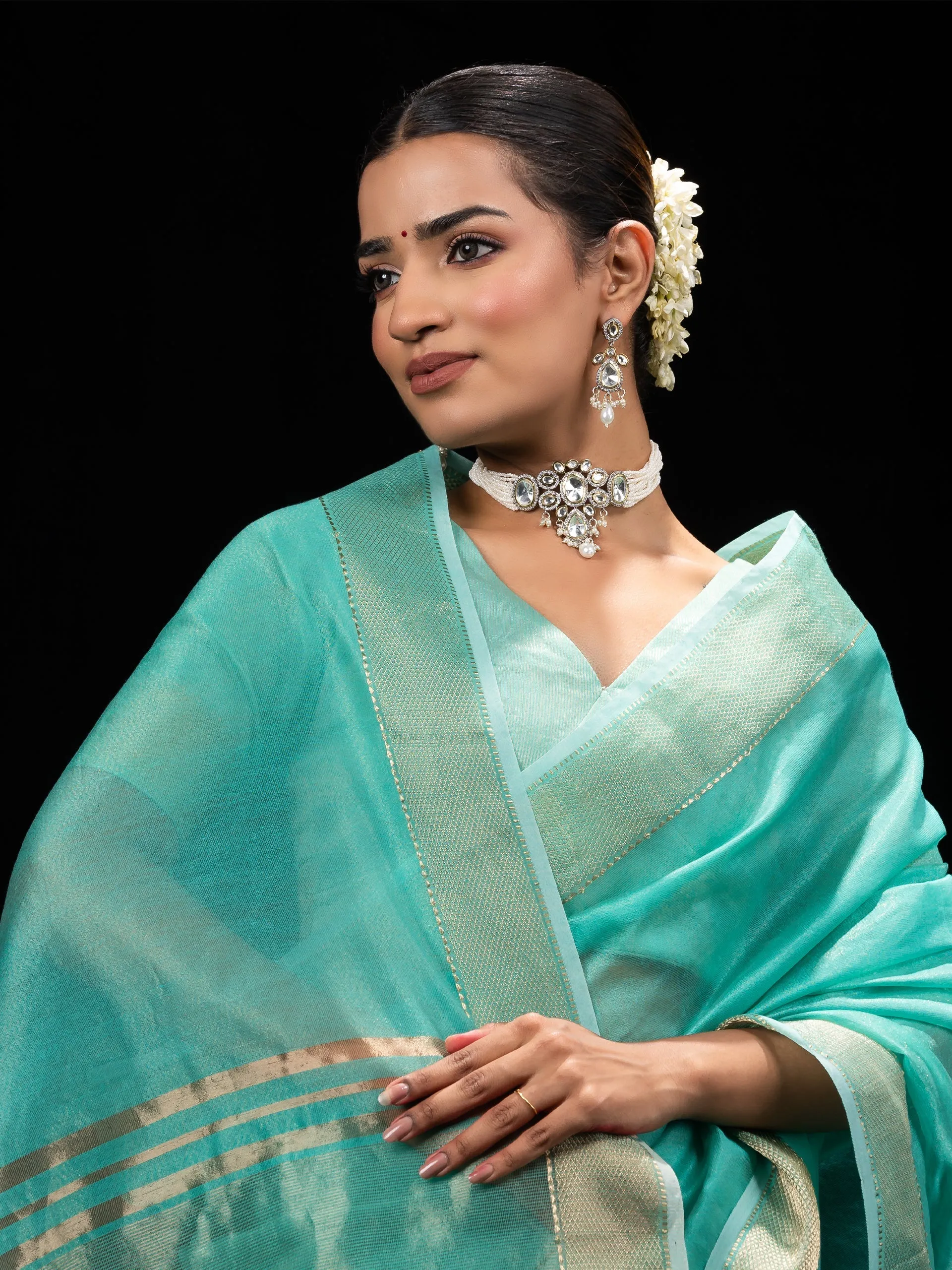 Sky Gold Metallic Soft Fabric Saree with Blouse Fabric