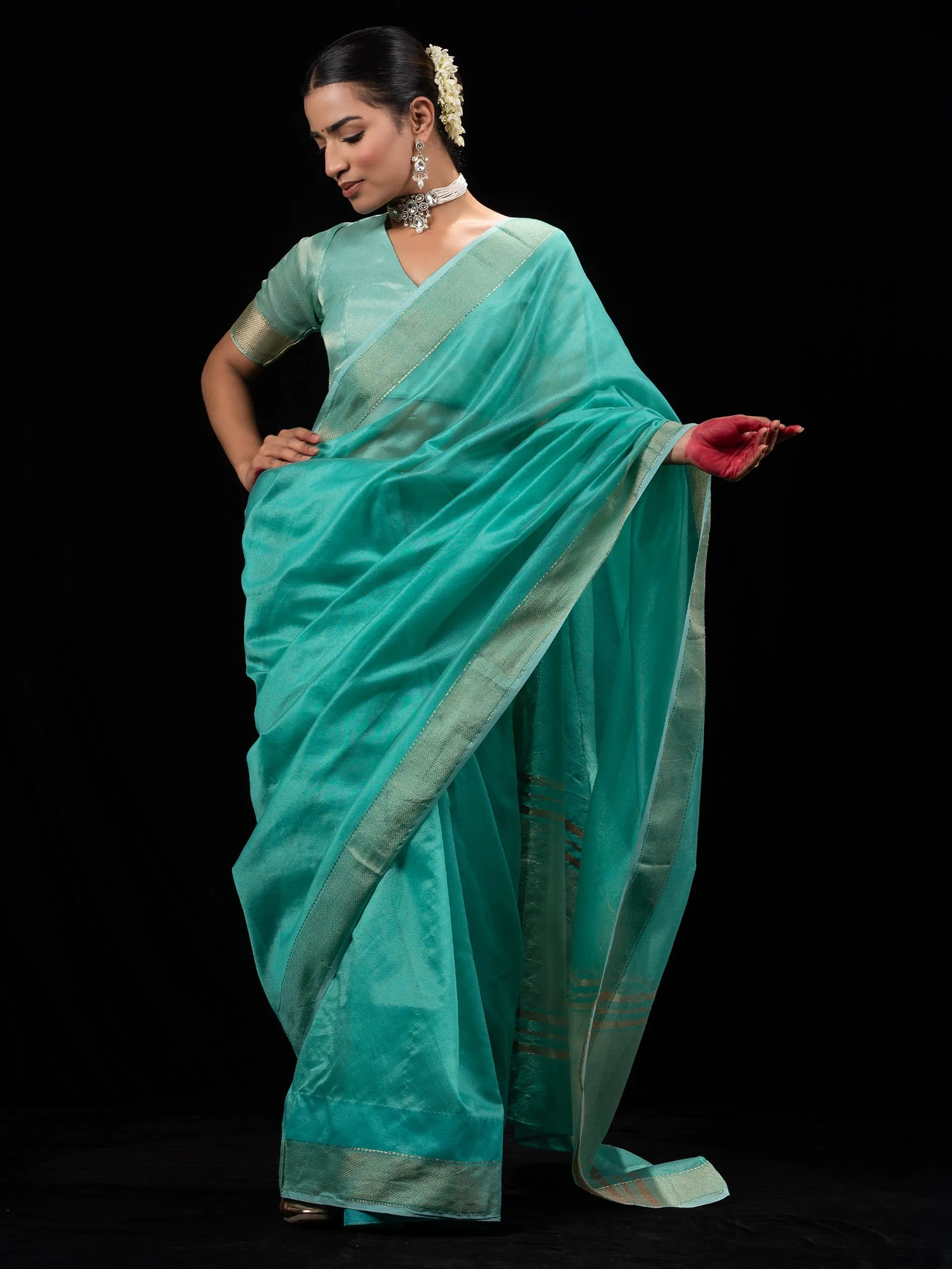 Sky Gold Metallic Soft Fabric Saree with Blouse Fabric