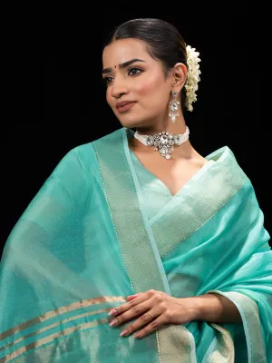 Sky Gold Metallic Soft Fabric Saree with Blouse Fabric