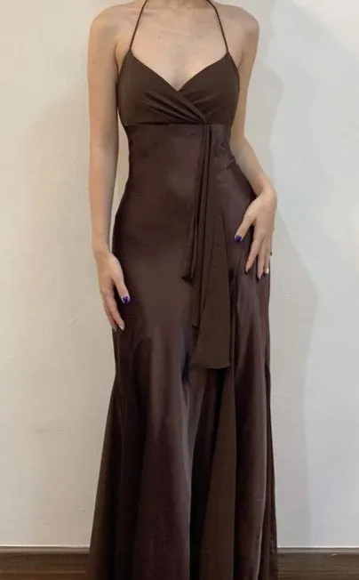 Spaghetti Straps Coffee Brown Formal Party Dress