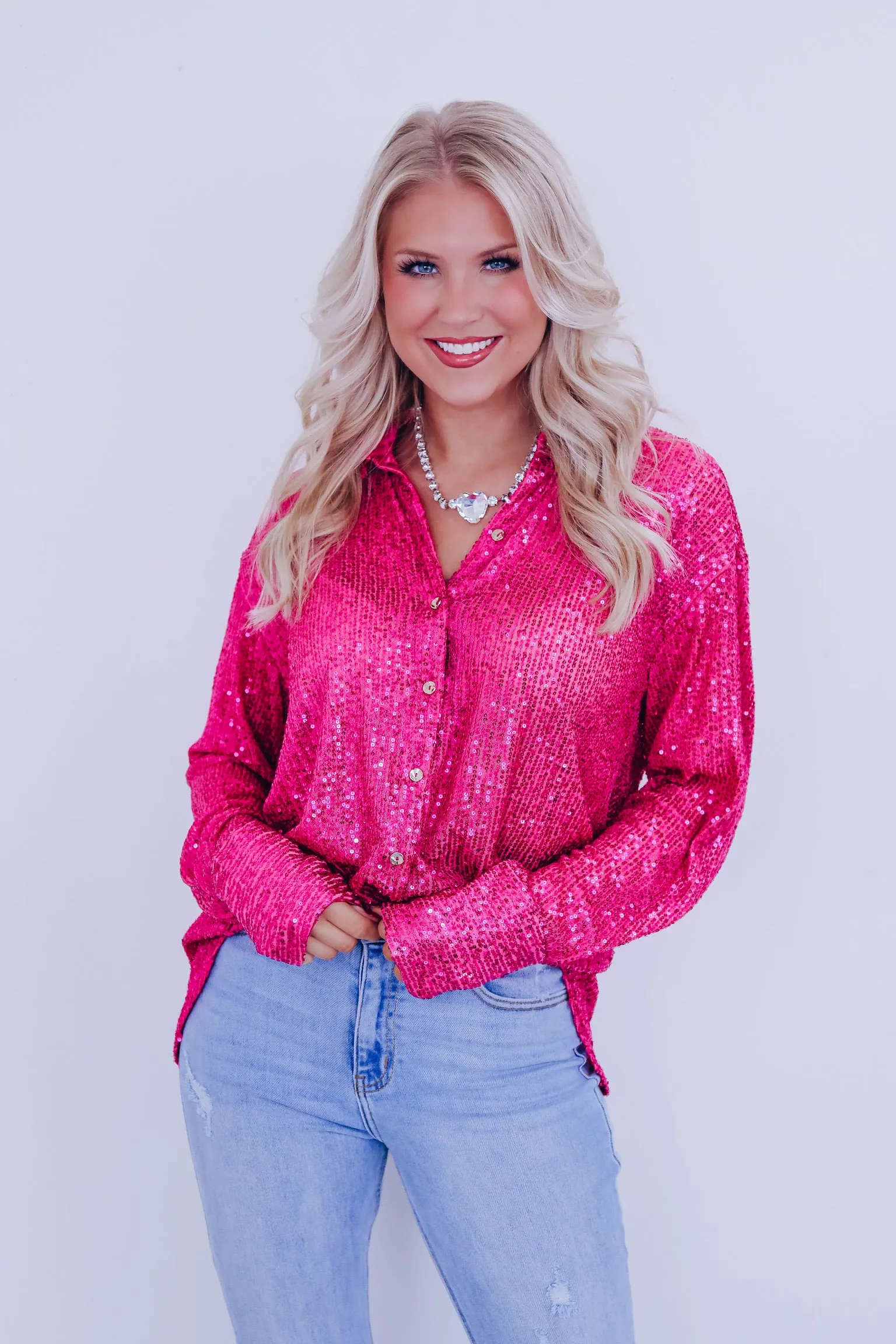 Sparkle On Sheer Sequin Mesh Top - Pink