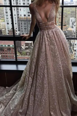 Sparkly A-Line Deep V-Neck Backless Court Train Silver Prom Dress with Sequins OHC438