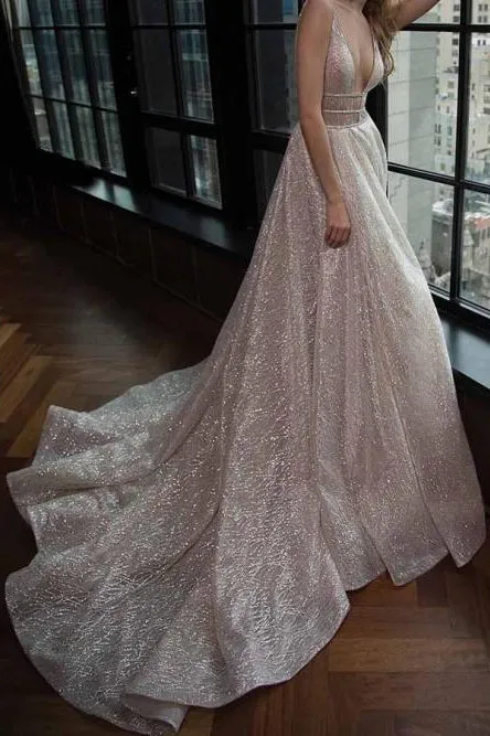 Sparkly A-Line Deep V-Neck Backless Court Train Silver Prom Dress with Sequins OHC438