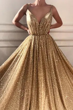 Sparkly A Line Spaghetti Straps Floor Length Sleeveless Gold Long Tulle Prom Dress OHC109