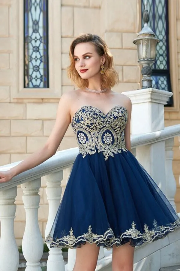 Sparkly A Line Sweetheart Sleeveless Appliques Short Tulle Homecoming Party Dress OHM099