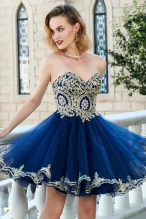 Sparkly A Line Sweetheart Sleeveless Appliques Short Tulle Homecoming Party Dress OHM099