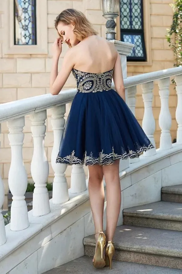Sparkly A Line Sweetheart Sleeveless Appliques Short Tulle Homecoming Party Dress OHM099