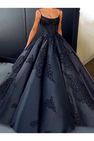 Sparkly Ball Gown Spaghetti Straps Floor Length Sleeveless Appliques Long Satin Prom Dress OHC220