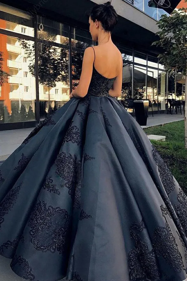 Sparkly Ball Gown Spaghetti Straps Floor Length Sleeveless Appliques Long Satin Prom Dress OHC220