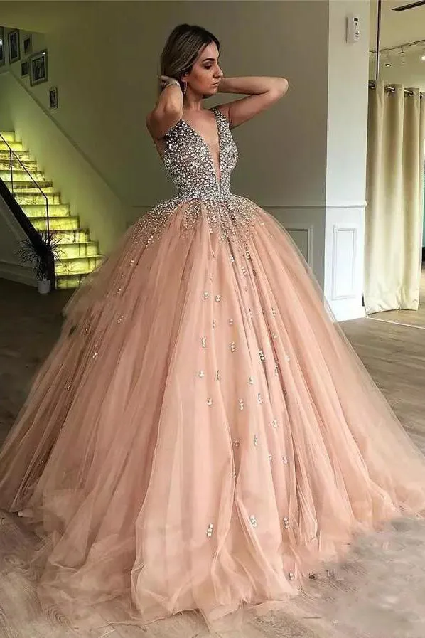 Sparkly Ball Gown Straps V-neck Floor-length Sleeveless Long Tulle Prom Dress OHC218