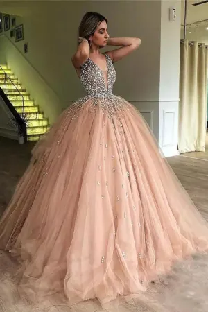 Sparkly Ball Gown Straps V-neck Floor-length Sleeveless Long Tulle Prom Dress OHC218