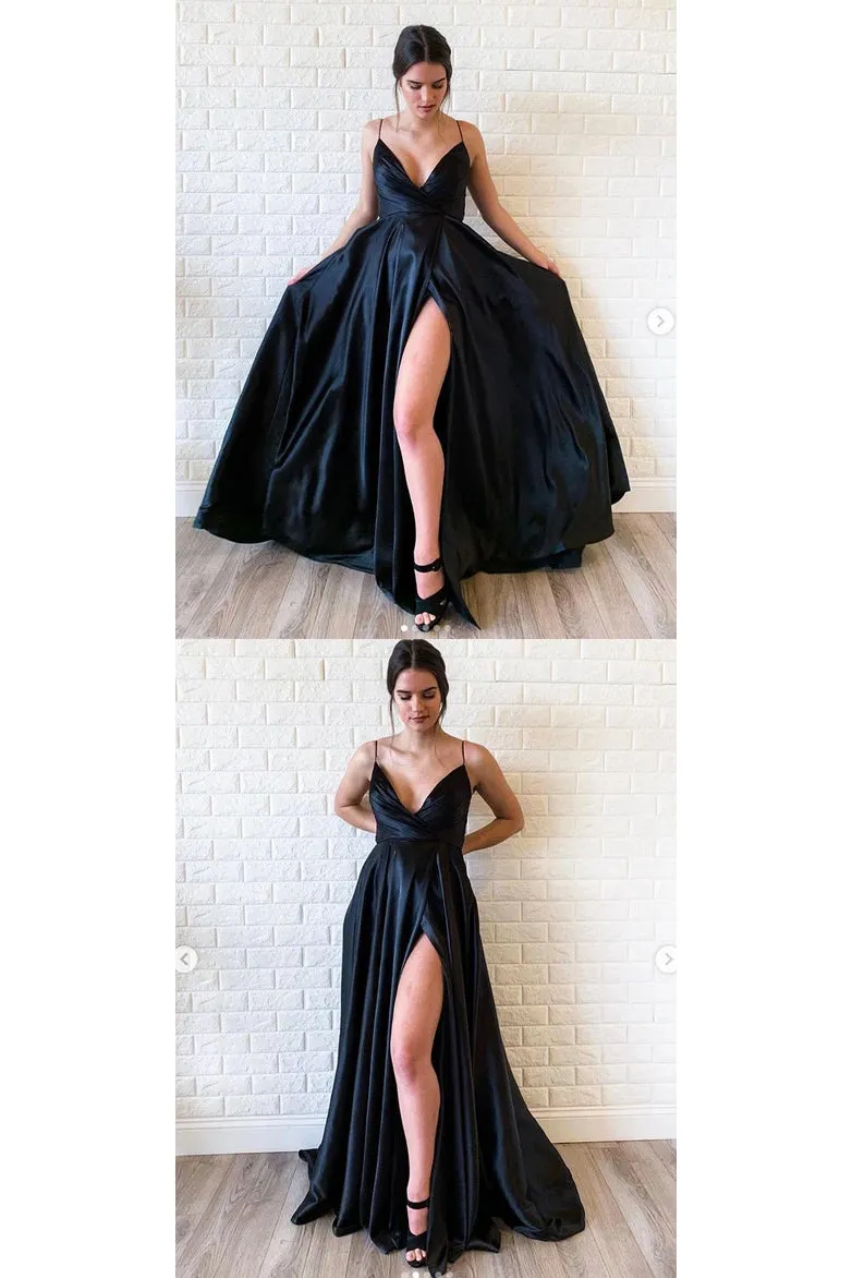 Sparkly Black Satin V Neck Spaghetti Strap Side Slit Long Satin Prom Dresses Evening Dress OHC323