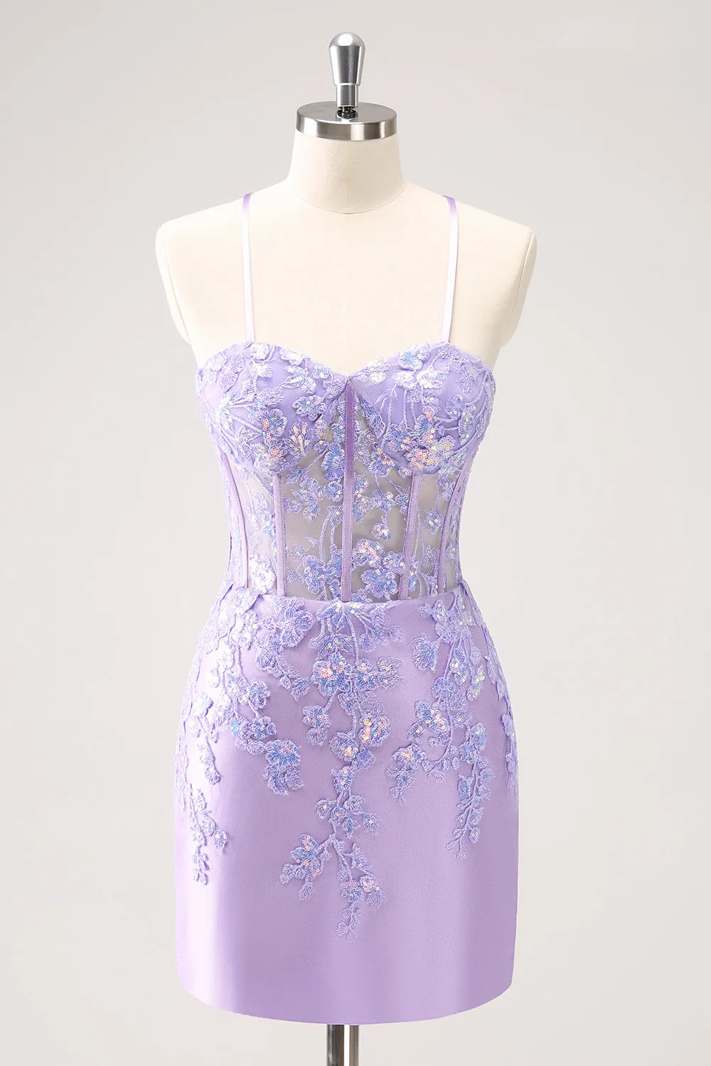 Sparkly Blue Spaghetti Straps Sequin Corset Tigtht Homecoming Dress with Appliques