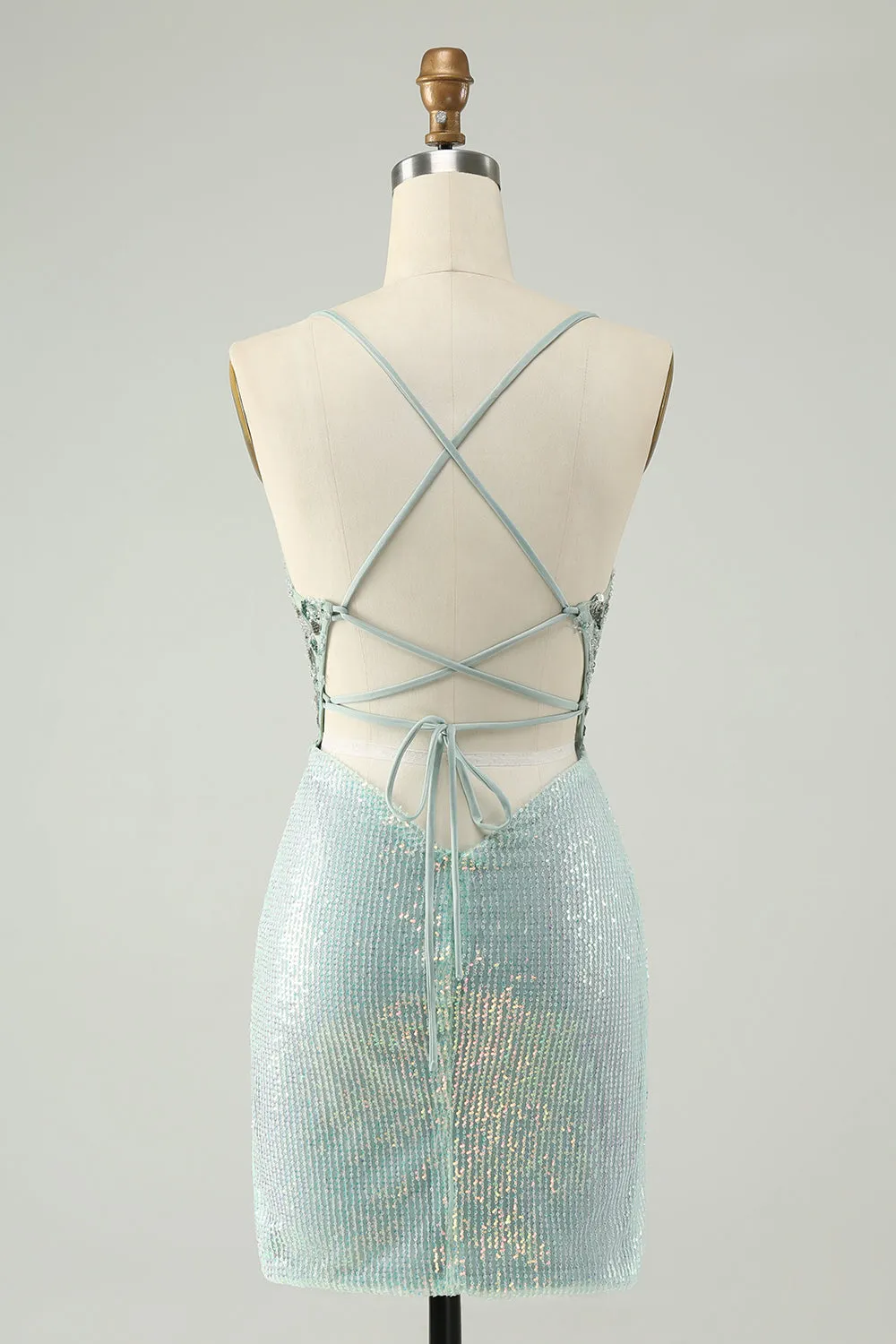 Sparkly Dusty Green Bodycon Spaghetti Straps Short Homecoming Dress with Sequins