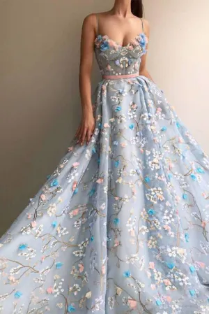 Sparkly Luxury A Line Spaghetti Straps Sweep Train Sleeveless Long Tulle Prom Dresses OHC248