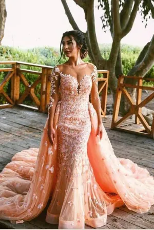 Sparkly Mermaid Scoop Sweep Train Appliques Long Sleeve Tulle Prom Dresses OHC210