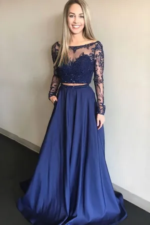 Sparkly Navy Blue Lace Long Sleeve A Line Formal Prom Dress Two Pieces Evening Dress OHC369