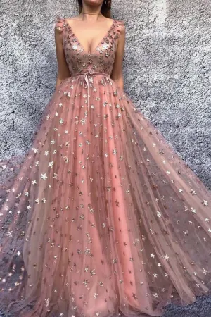 Sparkly Prom Dresses A Line V-neck Floor Length Sleeveless Stars Long Sexy Tulle Prom Dress OHC260