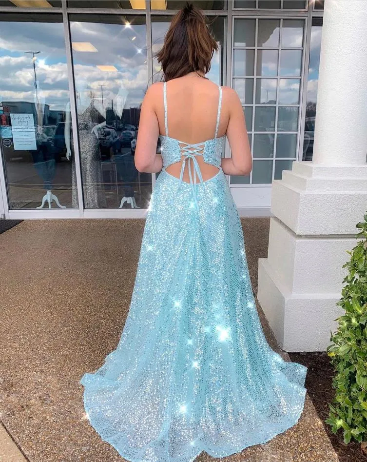 Sparkly Sexy Back Prom Dresses Slit Blue Evening Dress