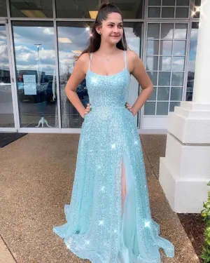 Sparkly Sexy Back Prom Dresses Slit Blue Evening Dress