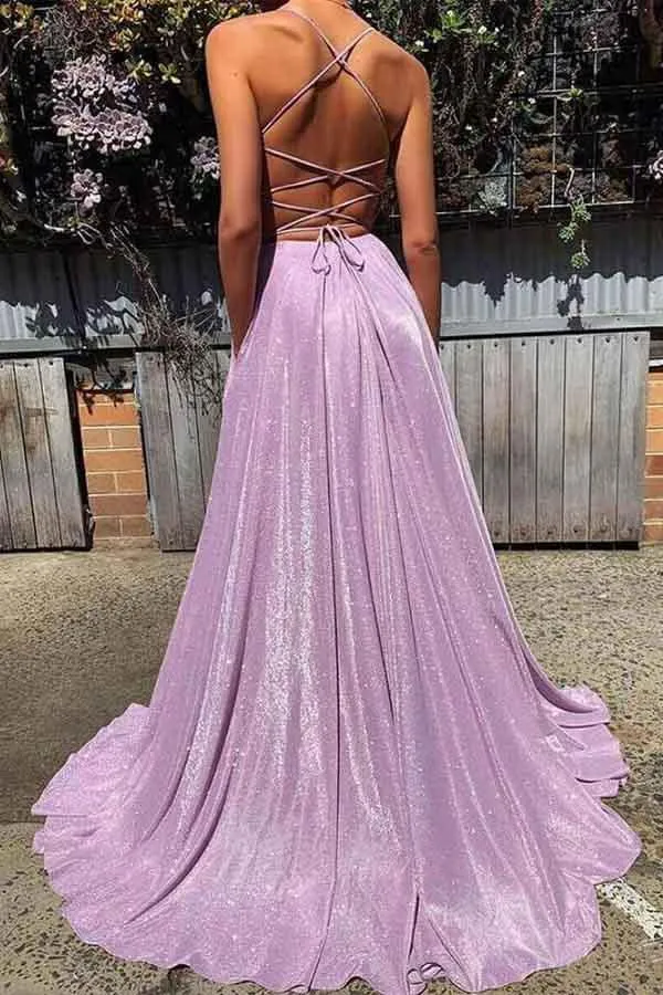 Sparkly Spaghetti Straps Sweep Train Sleeveless Criss-Cross Straps Lilac Long Tulle Prom Dress Evening Dress OHC111