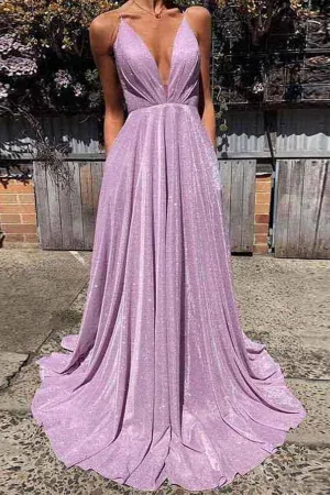 Sparkly Spaghetti Straps Sweep Train Sleeveless Criss-Cross Straps Lilac Long Tulle Prom Dress Evening Dress OHC111