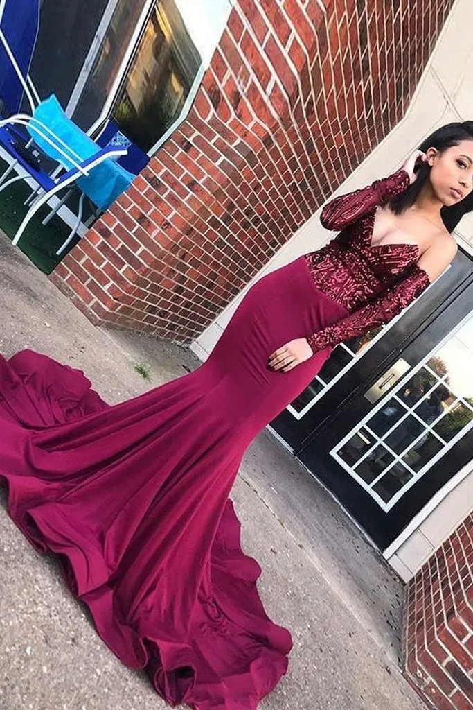 Sparkly Strapless V Neck Burgundy Satin Sequins Long Sleeve Mermaid Evening Dress Prom Dress OHC386
