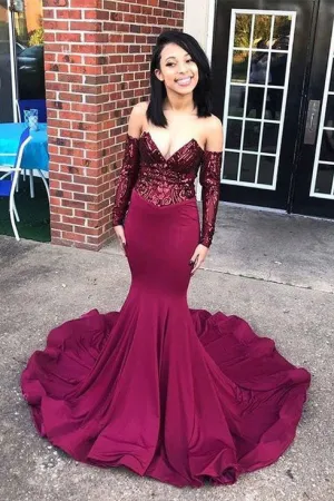 Sparkly Strapless V Neck Burgundy Satin Sequins Long Sleeve Mermaid Evening Dress Prom Dress OHC386