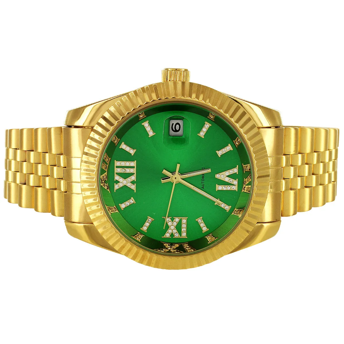 Stainless Steel Green Roman Icy Dial Fluted Bezel Automatic Watch
