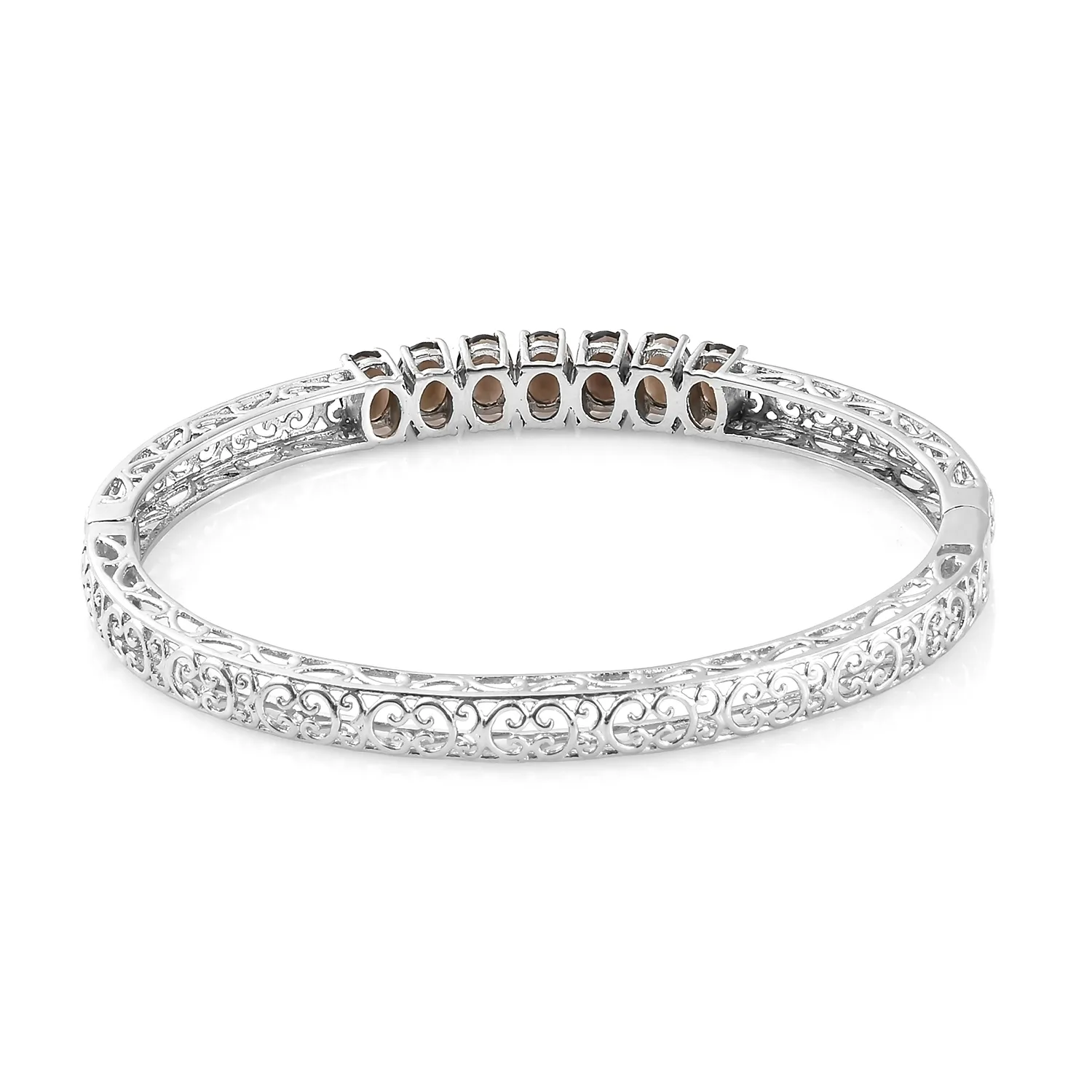 Stainless Steel Openwork Smoky Quartz 7 Stone Hinged Bangle Bracelet (7.25 in)