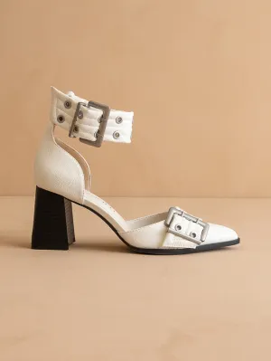 The Lux | White Double Buckle Pointed Toe Block Heel