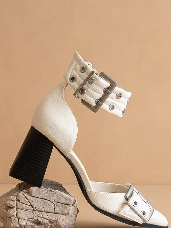 The Lux | White Double Buckle Pointed Toe Block Heel