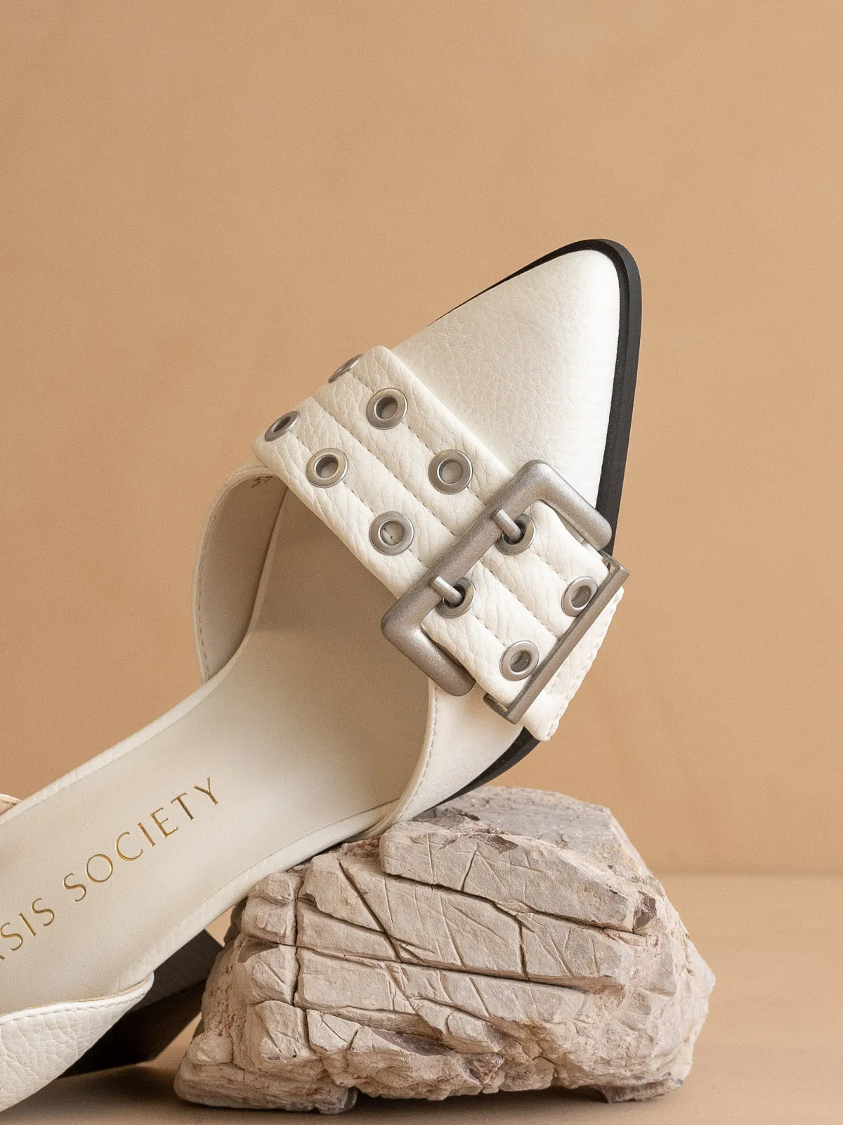 The Lux | White Double Buckle Pointed Toe Block Heel