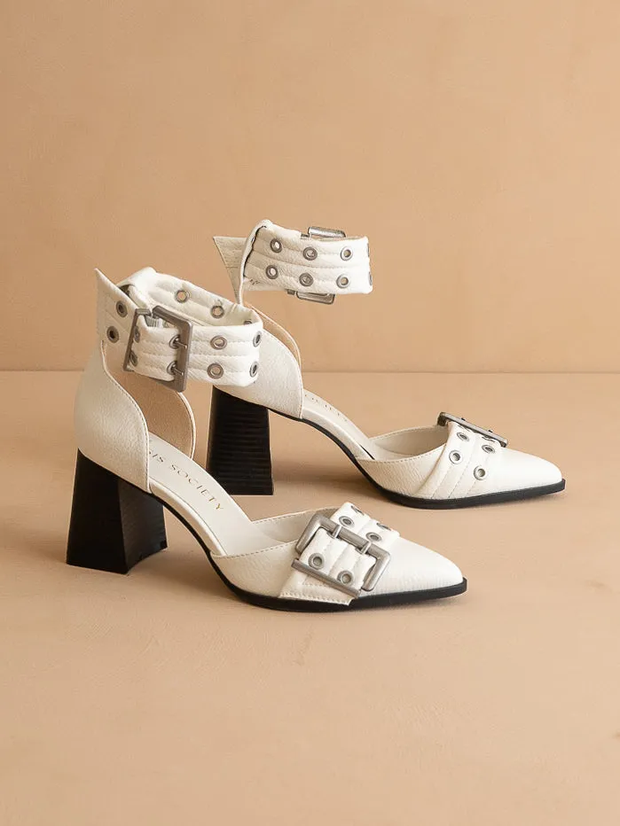 The Lux | White Double Buckle Pointed Toe Block Heel